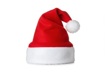 A red santa hat with white trim and a pompom sits against a plain white background in a studio shot