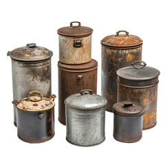  Metal Canister Collection Vintage Style on White Background for Industrial Use [Transparent Background PNG]. 