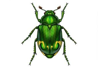 Detailed illustration of a green beetle with yellow markings on a white background viewed from above