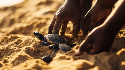 Beach sunset, hands gently releasing baby sea turtles