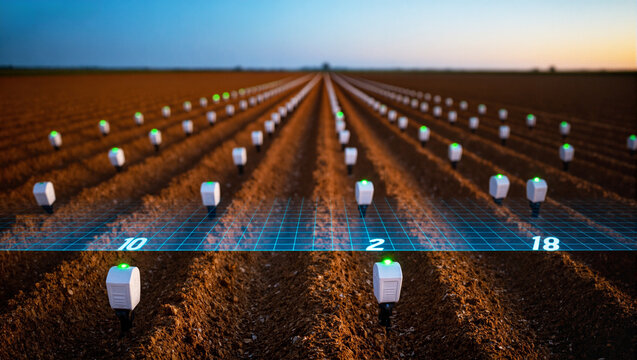Champ Agricole Futuriste avec Capteurs Intelligents, Agriculture de Précision et Technologie IOT au Crépuscule