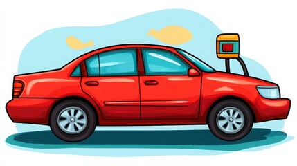 Fototapeta premium Bright Red Car with Vintage Gas Pump in Colorful Background