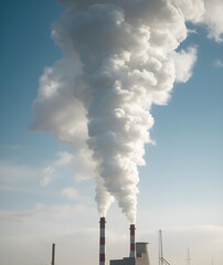 industrial pollution flowing in the blue sky with fumes, Generative AI