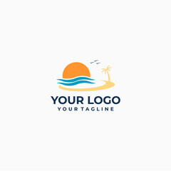 Minimalist Beach Logo with Palm Tree and Waves