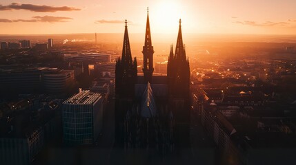 Fototapeta premium Sunset aerial framing of a cathedral glowing warmly, spires contrasting with modern city skyline, atmospheric lighting, wide landscape angle. 
