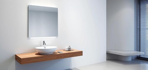 Sleek floating vanity with minimalist sink and mirror, towel, wellness