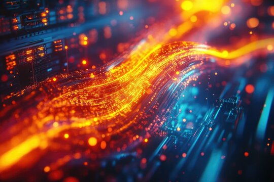 Abstract digital data stream, flowing vibrant orange and blue light trails, representing network connectivity and data transfer. - Powered by Adobe