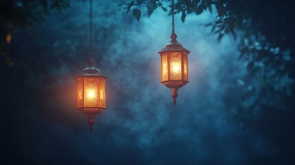 Mystic lanterns illuminate a foggy forest