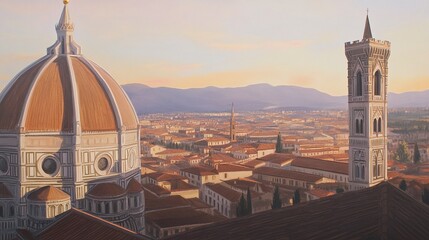 Obraz premium The Duomo in Florence with its majestic dome and nearby bell tower, intricate Gothic design glowing in soft morning light, low upward framing. 