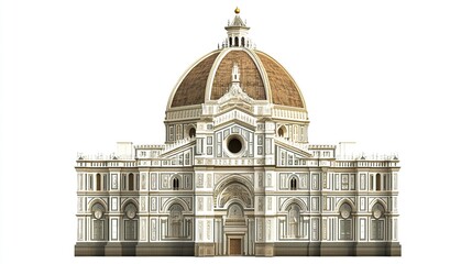 Fototapeta premium The Florence Cathedral, ornate facade with detailed carvings and the iconic dome highlighted, architectural grandeur set against a crisp white backdrop, low-angle perspective 