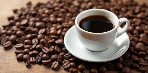 Dark coffee in pristine white cup, surrounded by roasted coffee beans , strong, comfort, roasted beans