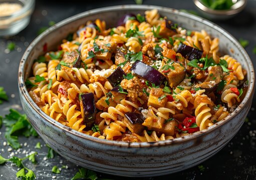 Freshly arranged fusilli pasta with eggplant and vegan meat substitute displayed in a minimalist vegetarian flat lay food photograph with clean plating