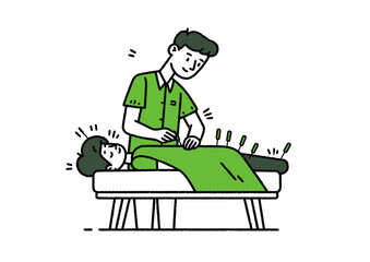 Acupuncturist inserting needles, precise vector illustration with meridian lines, calm energy