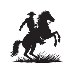 Cowboy on Rearing Horse Vector Silhouette, Western Action, Cowboy Spirit, Horseback Riding, Rustic Adventure, Western Heritage, Country Life.
