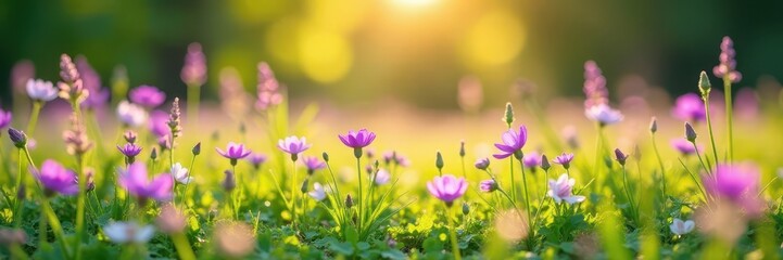 Fototapeta premium Delicate purple & pink wildflowers carpet a sun-drenched meadow , flowers, nature photography