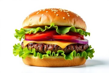 Gigantic juicy hamburger, isolated on white background, giant, catering