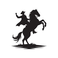 Cowboy on Rearing Horse Vector Silhouette, Western Action, Cowboy Spirit, Horseback Riding, Rustic Adventure, Western Heritage, Country Life.
