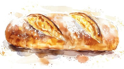 Freshly baked baguette in watercolor illustration with high details and fine lines on isolated white background