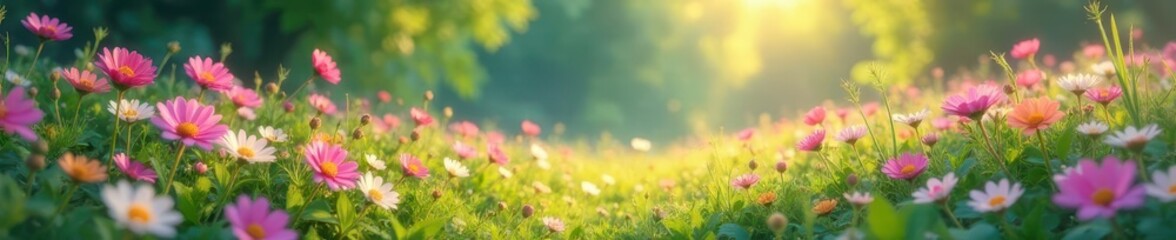 Pastel flowers illuminate a magical meadow, shimmering trails wind through , fantasy, pixie, nature