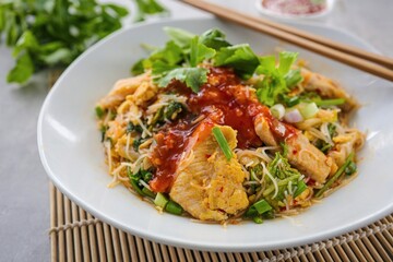 Stir fried Glass noodles with sliced pork with mixed vegetable and sukiyaki sauce,thai style sukiyaki