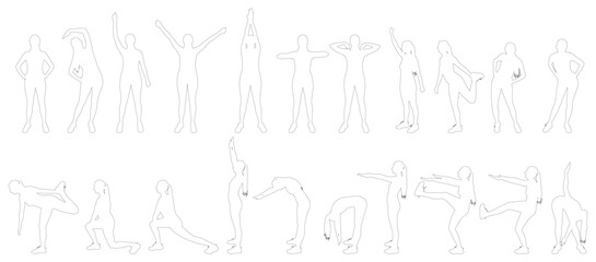 Contours of a woman practicing different workout positions and stretching exercises, set. Vector illustration.