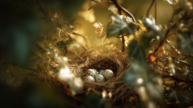 A detailed nest with multiple speckled eggs, nestled amongst lush greenery, representing the beauty of nature and the essence of new life.