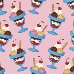 Whimsical ice cream sundae pattern with cherries and wafers for summer backgrounds