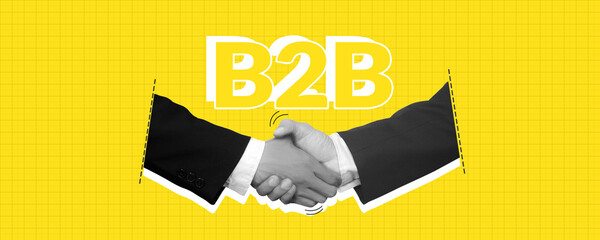 b2b, business to business concept. business people shaking hands with text B2B, isolated on yellow background with copy space. illustration collage style
