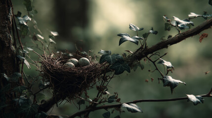 A serene nest, gently cradling eggs within a tree. Birds flutter around the home. A delicate balance of nature's creation.