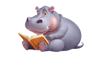 Obraz premium A cute cartoon hippopotamus sits and reads an open storybook with decorative golden pages on white backdrop.