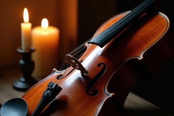 Fototapeta premium Warm candlelight illuminates a cello's rich wood grain , vintage, music, harmony