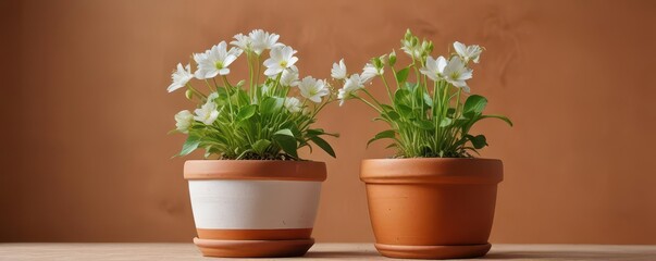 Vibrant green sprout, white blooms in terracotta pot, photography, potted, decor