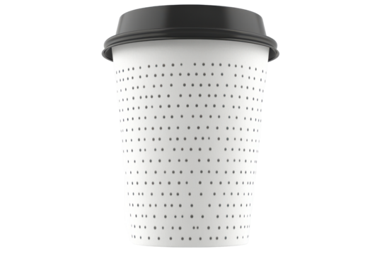 Dotted Coffee Cup A white paper cup with a black lid covered in a grid of dark gray dots