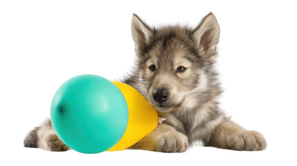 Obraz premium A cute wolf dog puppy is laying down with a teal and yellow balloon against a plain white background scene.