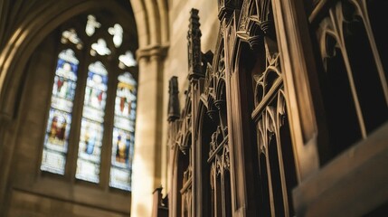 Wakefield Cathedral's choir area, intricately carved wooden stalls and Gothic arches softly lit, stained glass windows depicting biblical scenes, interior shot with focus on craftsmanship. 