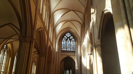 Fototapeta premium Wakefield Cathedral's transept, intersecting Gothic arches and clerestory windows bathed in natural light, shadows creating depth, interior shot highlighting architectural complexity. 