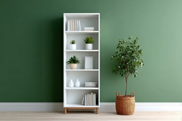 Modern bookshelf with plants and decor in a green room offering a fresh and inviting atmosphere for home styling