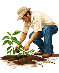 Realistic and artistic illustrations of coffee beans, brewing equipment, coffee cups, baristas, coffee farms, roasting processes, and café scenes