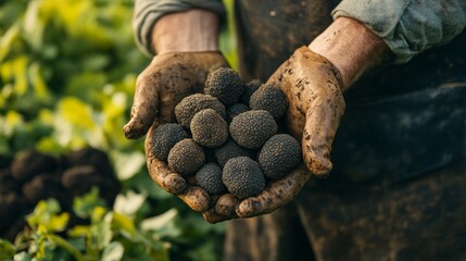 Freshly dug black truffles being displayed by a farmer emphasizing their value and rarity