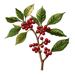 Realistic and artistic illustrations of coffee beans, brewing equipment, coffee cups, baristas, coffee farms, roasting processes, and café scenes