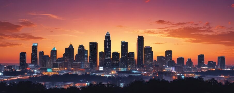 Atlanta skyline silhouetted against vibrant sunset hues, sunset, atlanta
