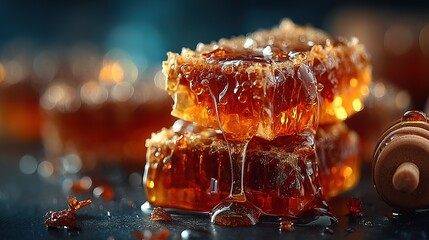 Natural bee honeycomb structure in crystalline cross-section displayed on rustic wood
