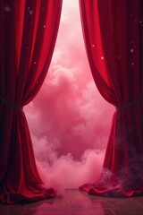 Crimson curtain billows, ethereal smoke escapes , dramatic lighting, background, texture