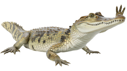 Naklejka premium A young caiman with scaly skin and teeth poses on a white background looking upwards curiously alone now.