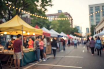Obraz premium Festive evening atmosphere at city center street market vibrant scene with blurred background