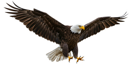 Obraz premium Bald Eagle In Flight Isolated On White Background Showing Wing Span And Detailed Feather Patterns