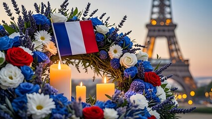 Blue-white-red floral wreath with lavender and candlelight. Celebrating French National Day with summer warmth.