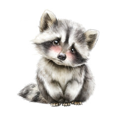 Obraz premium A fluffy baby raccoon with endea eyes and rosy cheeks sits adorably on a plain white background artfully.