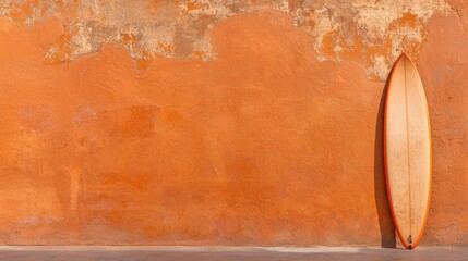 A weathered orange wall with a surfboard leaning against it.
