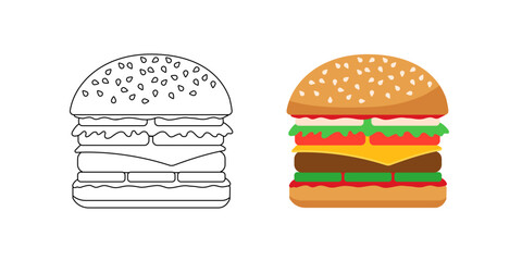 Burger, bread with ingredients icon. Fast food coloring and color image. Snack sandwich. Vector flat illustration